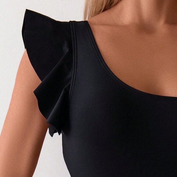 Black Beach Women's One Shoulder Ruffle Decor & Slim Fit & One-Piece Swimsuit - Picture 5 of 5